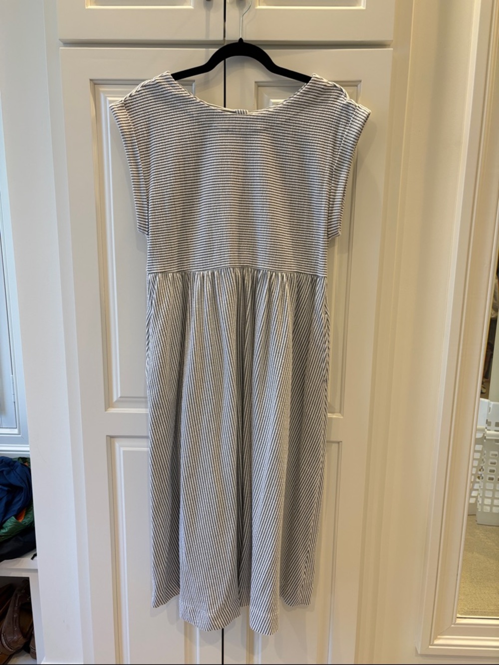 Maeve Navy & White Striped Cap-Sleeve Midi Dress